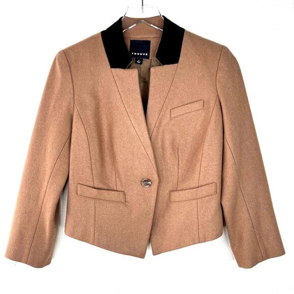 Trouve Blazer Jacket Single Button Cropped Wool Blend Tan Black Notched SMALL - Picture 1 of 8